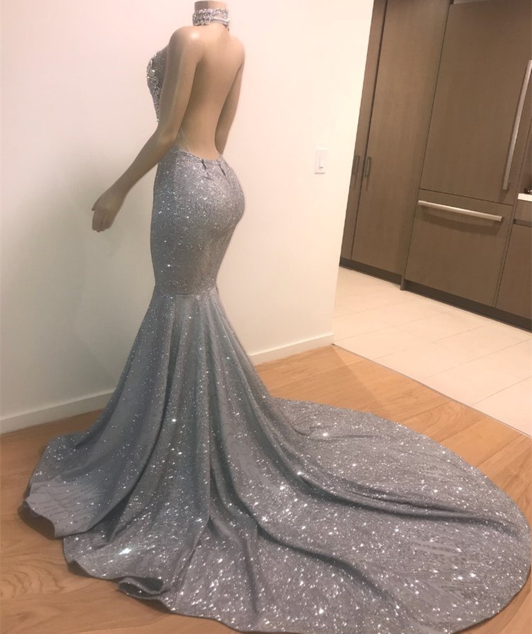 Mermaid High Neck Sleeveless Court Train Formal Dress With Sequins 3