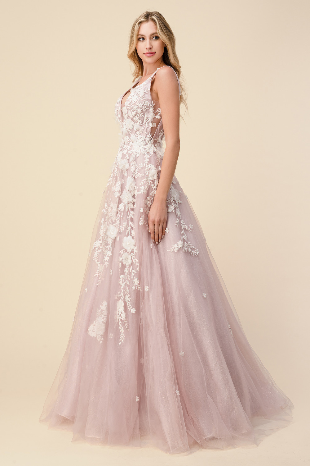 A-line Plunging Neckline Sleeveless Floor-length Tulle Evening Dress With Lace 3