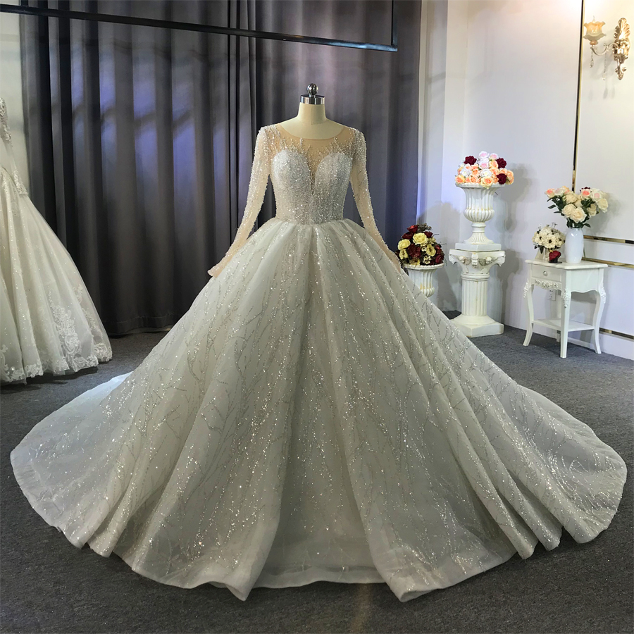 Ball Gown Jewel Neck Long Sleeves Floor-length Tulle Bridal Dress With Beading 7