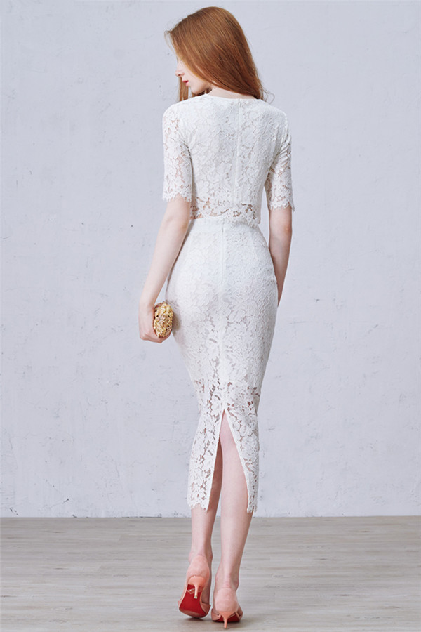 Column Scoop Neck Half-Sleeves Tea-length Formal Dress With Lace 3