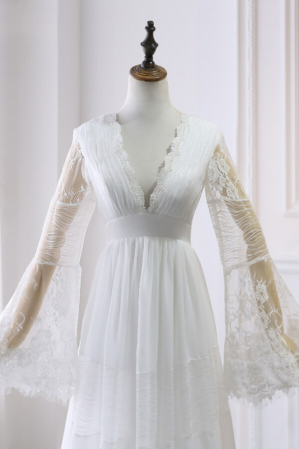 A-line V-neck Long Sleeves Court Train Tulle Bridal Gown With Lace 4