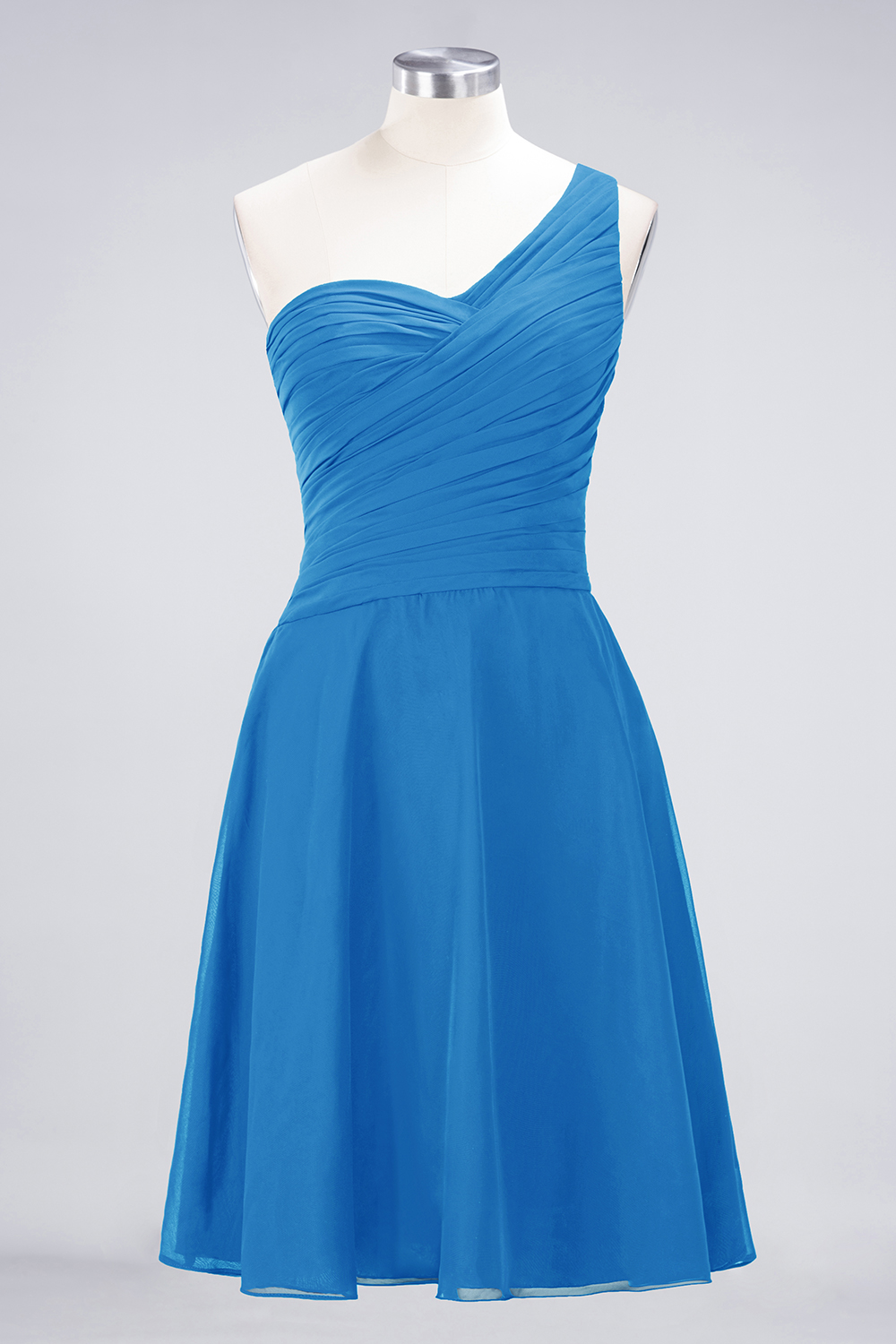 A-line One Shoulder Sweetheart Neck Sleeveless Knee-length 100D Chiffon Bridesmaid Attire With Ruffles 49