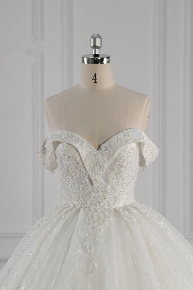 Ball Gown Off-the-shoulder Sweetheart Neck Sleeveless Floor-length Tulle Bridal Gown With Ruffles 4