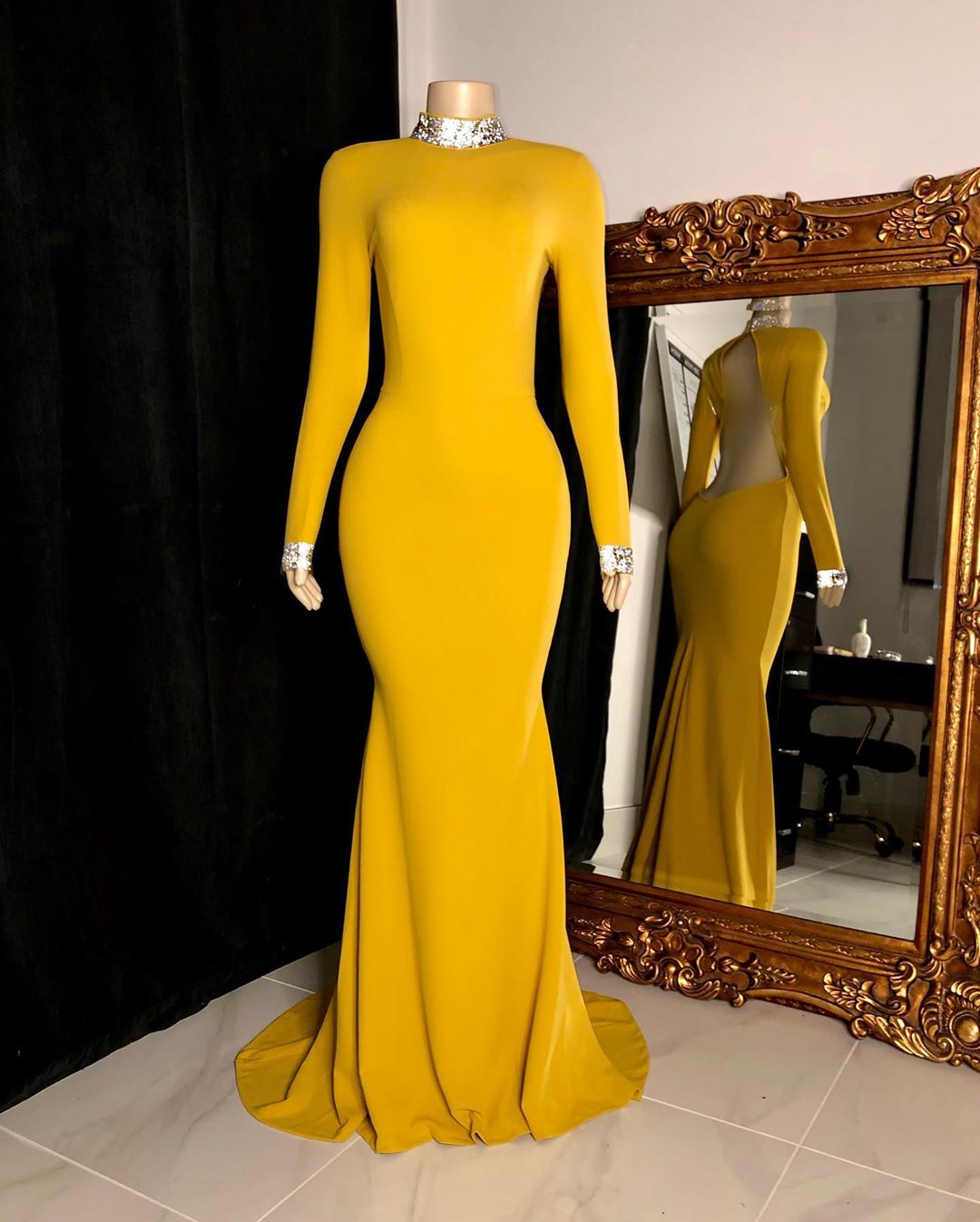 Column High Neck Long Sleeves Floor-length Satin Evening Gown With Sequins 3