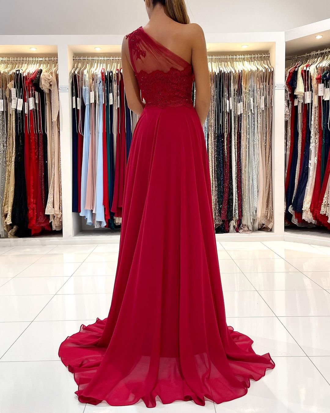 Mermaid One Shoulder Sleeveless Floor-length 100D Chiffon Prom Dress With Lace 2