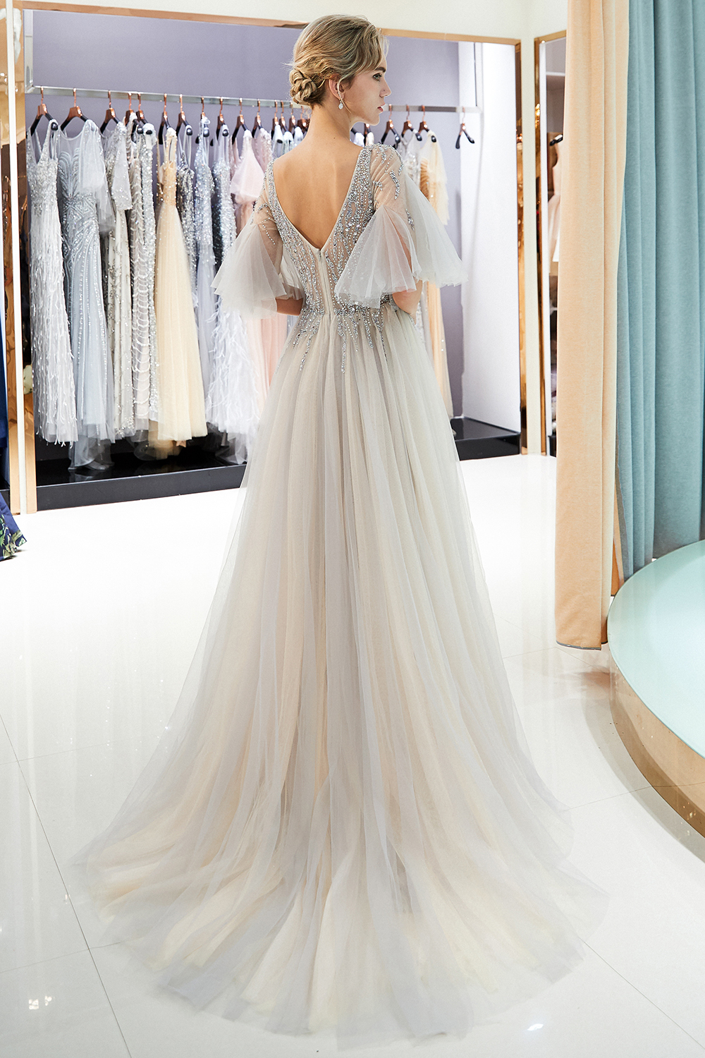 A-line V-neck Half-Sleeves Court Train Tulle Evening Gown With Beading 9
