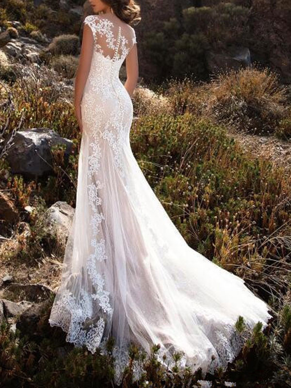 Mermaid V-neck Sleeveless Sweep / Brush Train Lace Bridal Gown With Lace 2
