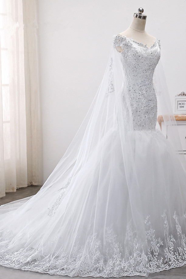 Mermaid Off-the-shoulder Sweetheart Neck Sleeveless Floor-length Tulle Wedding Gown With Beading 3