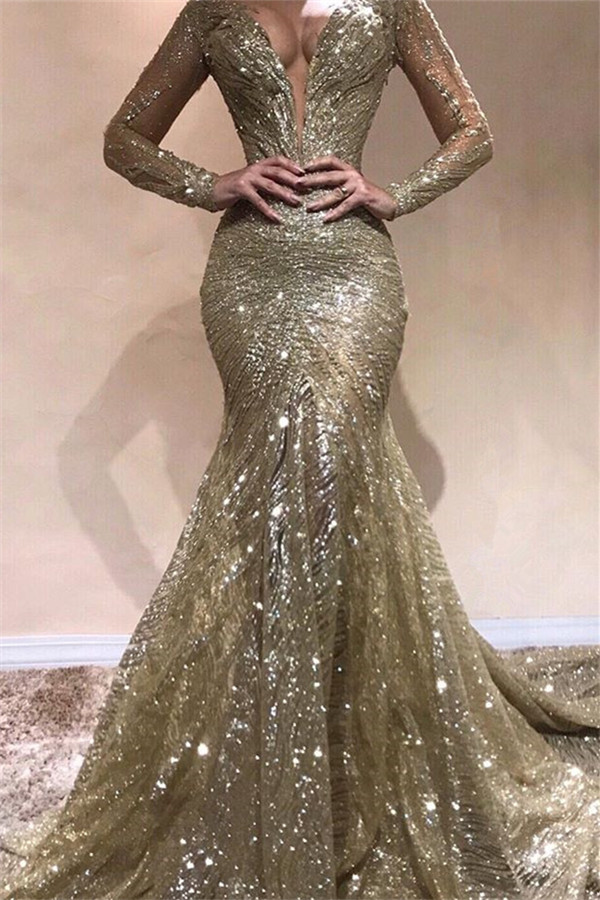 Mermaid V-neck Long Sleeves Sweep / Brush Train Evening Dress With Sequins 1