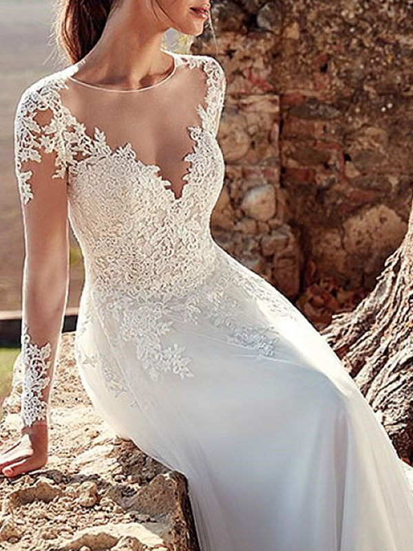 A-line V-neck Long Sleeves Court Train Lace Wedding Gown With Buttons 3