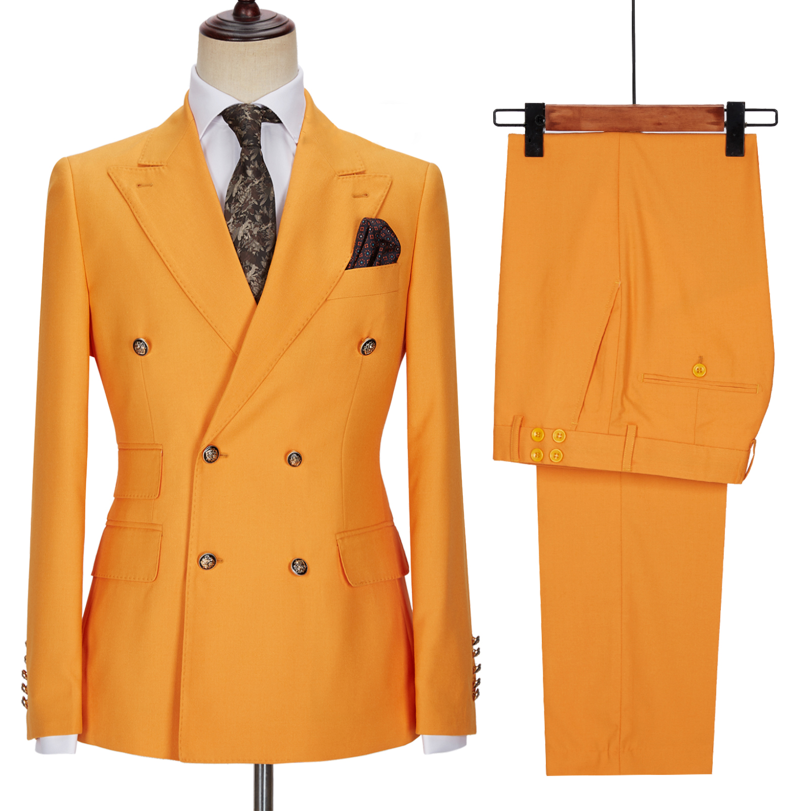 Orange Double Breasted Peaked Lapel Men Suit 4