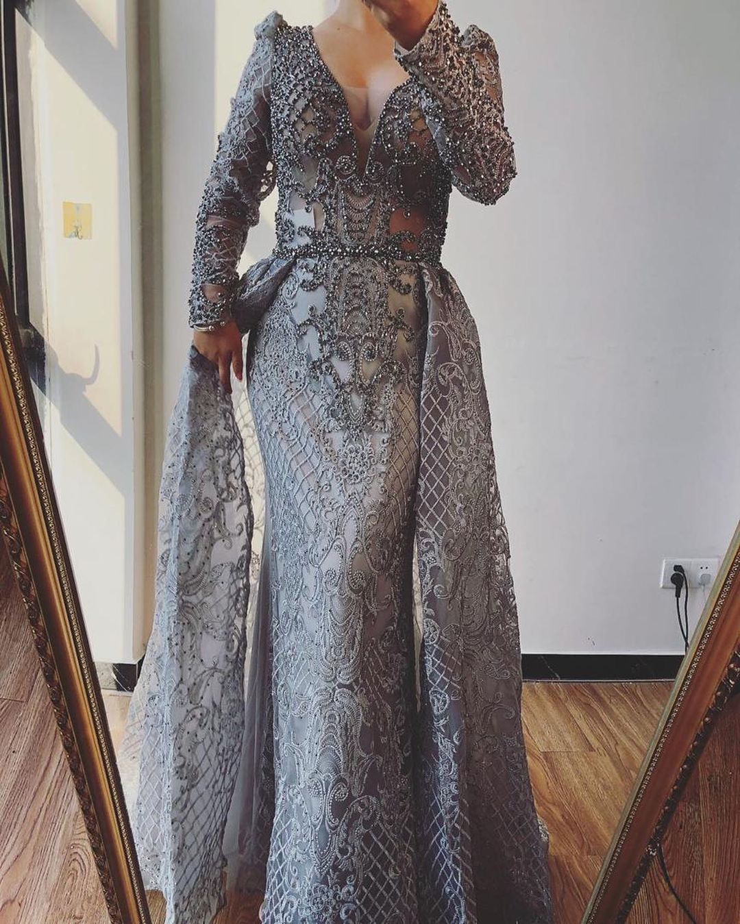 A-line Jewel Neck Long Sleeves Floor-length Lace Evening Gown With Ruffles 2