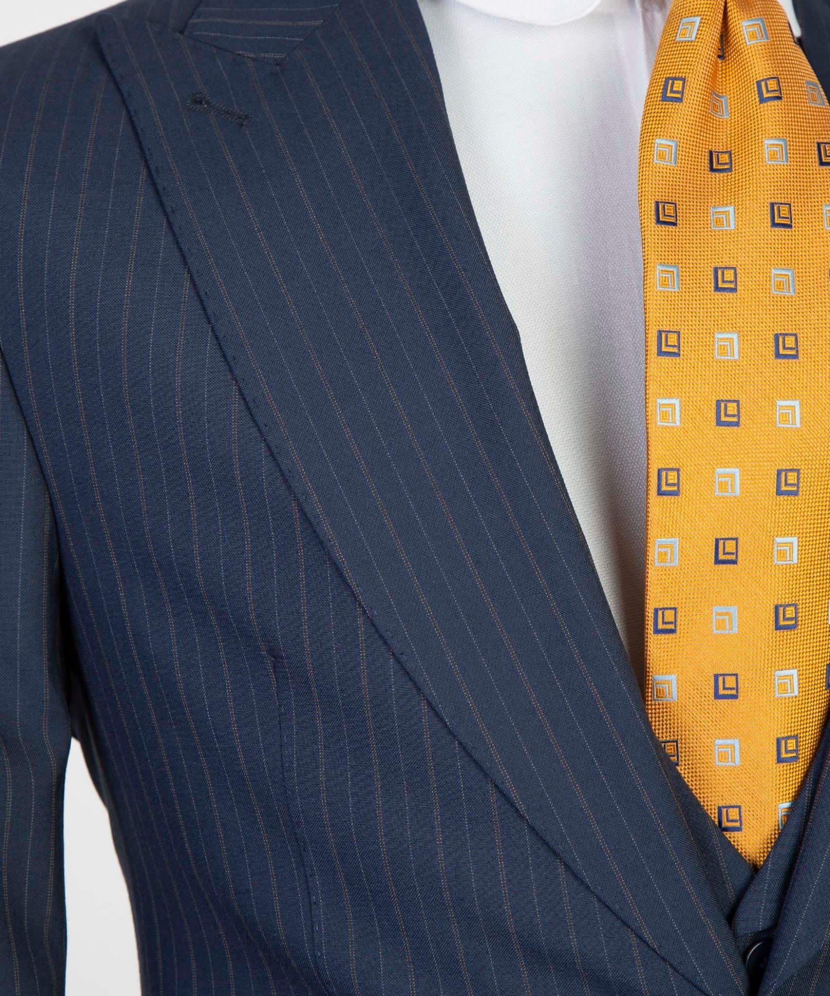 Navy Stripe Three Pieces Business Suit with Peaked Lapel 3