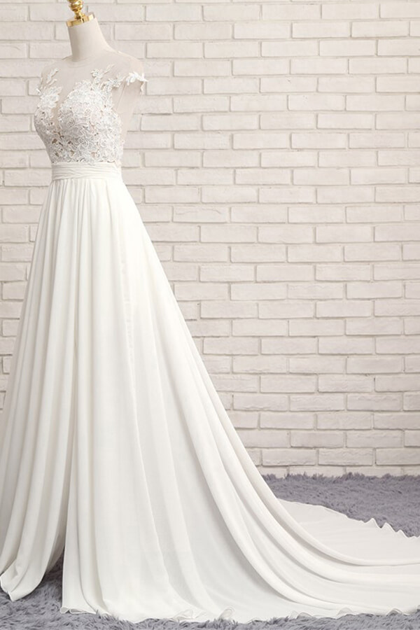 A-line Jewel Neck Sleeveless Court Train Tulle Wedding Gown With Appliques 3