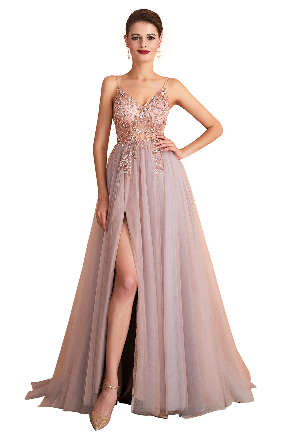 A-line V-neck Sleeveless Sweep / Brush Train Tulle Evening Dress With Sequins 3