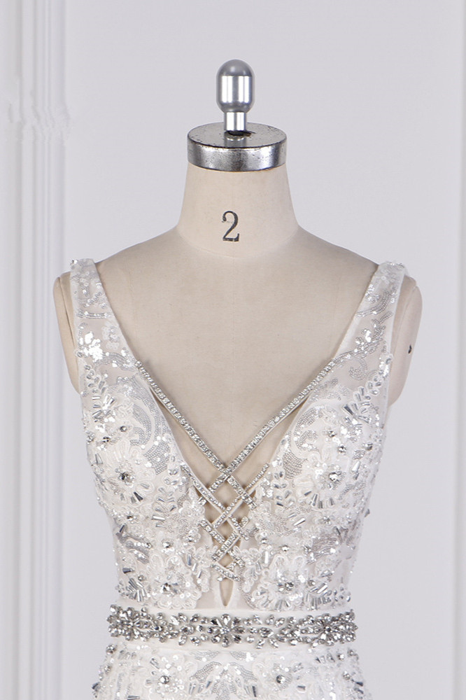 Column V-neck Sleeveless Floor-length Tulle Wedding Dress With Appliques 4