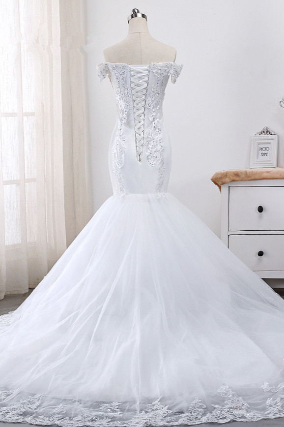 Mermaid Off-the-shoulder Sweetheart Neck Sleeveless Floor-length Tulle Wedding Dress With Beading 2