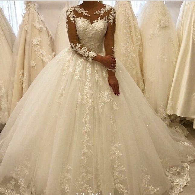 A-line Jewel Neck Long Sleeves Floor-length Tulle Bridal Gown With Lace 2