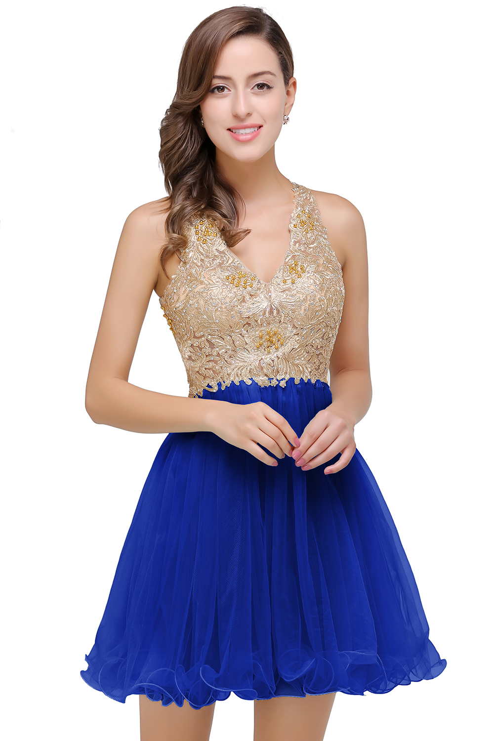 A-line Halter-neck Sleeveless Mini Organza Prom Dress With Appliques 5