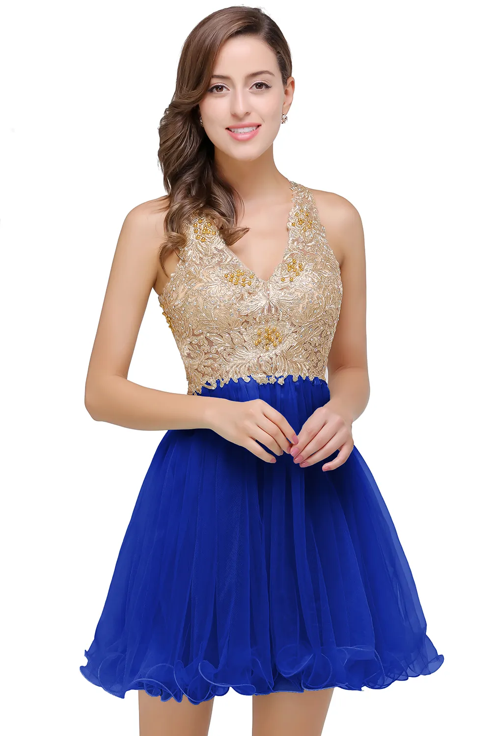 A-line Halter-neck Sleeveless Mini Organza Prom Dress With Appliques 5