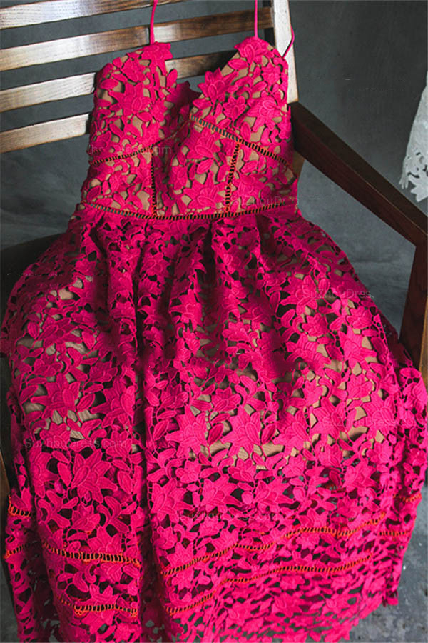 A-line Spaghetti Straps Sleeveless Tea-length Cocktail Party Dress With Lace 3