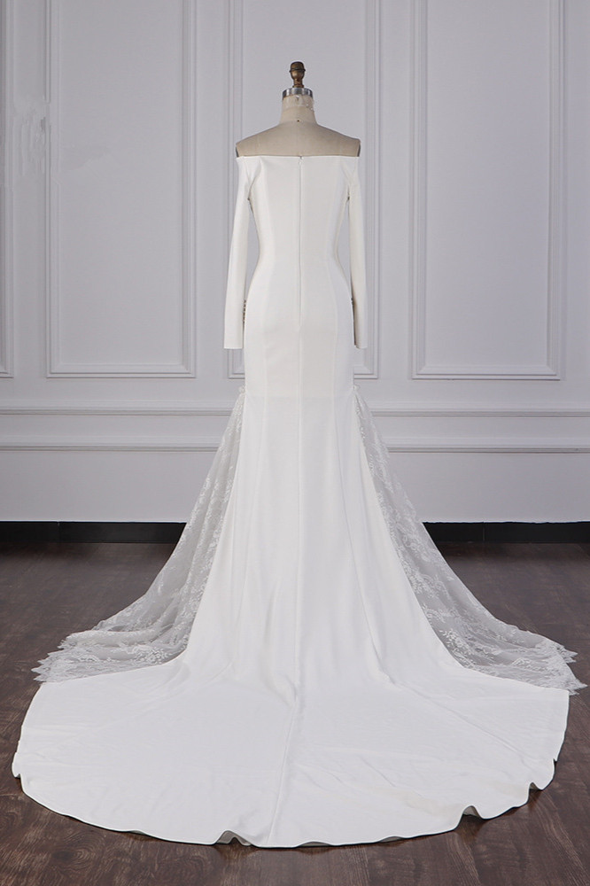 Column Off-the-shoulder Long Sleeves Floor-length Satin Wedding Dress With Appliques 2
