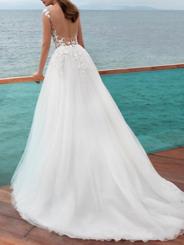 A-line Straps Sweep / Brush Train Tulle Wedding Gown With Lace 2