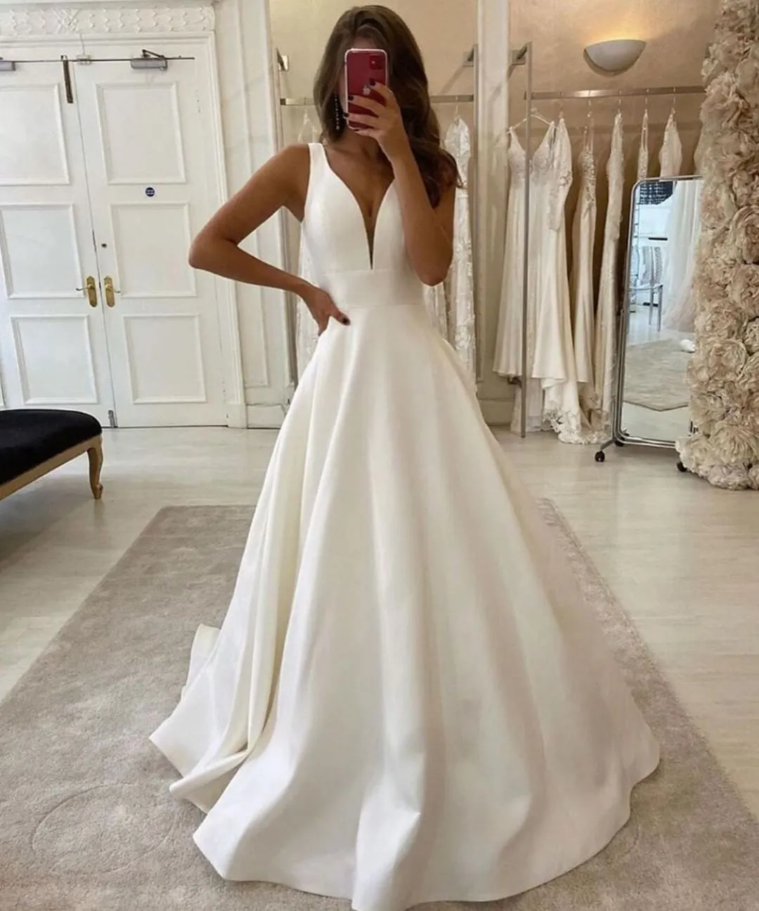 A-line V-neck Sleeveless Floor-length Satin Bridal Gown With Sweep / Brush Train 2