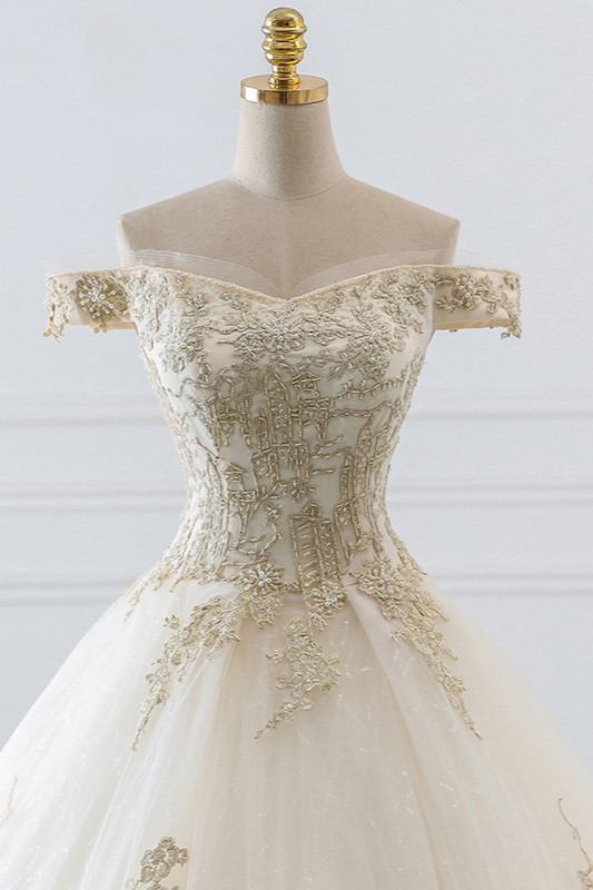 Ball Gown Off-the-shoulder Sweetheart Neck Sleeveless Floor-length Tulle Bridal Dress With Appliques 4