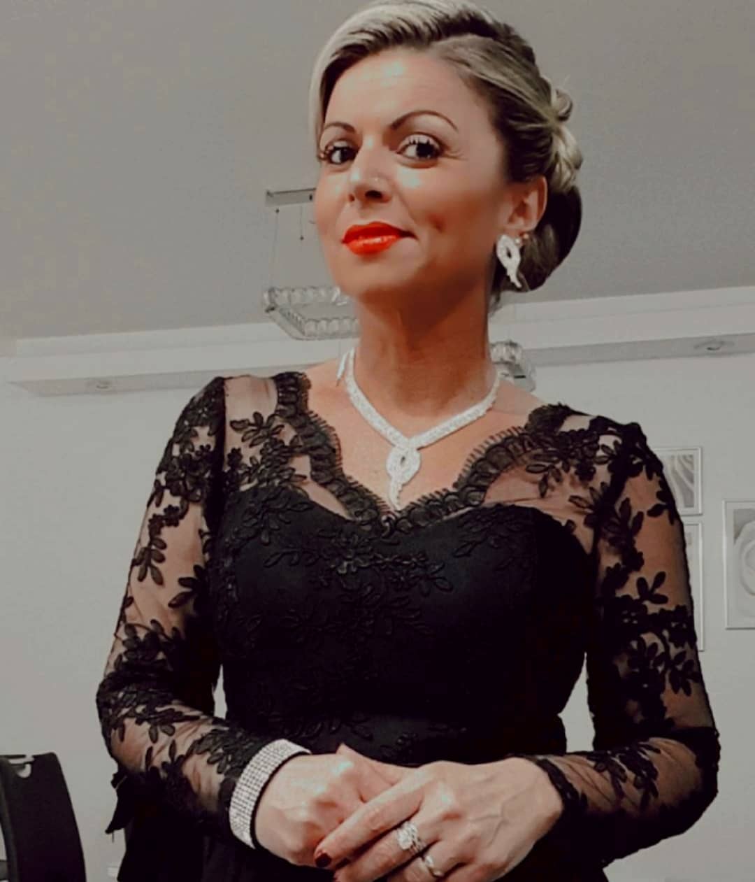 Black V-neck Satin Lace Evening Dress with Long Sleeves -  and 3