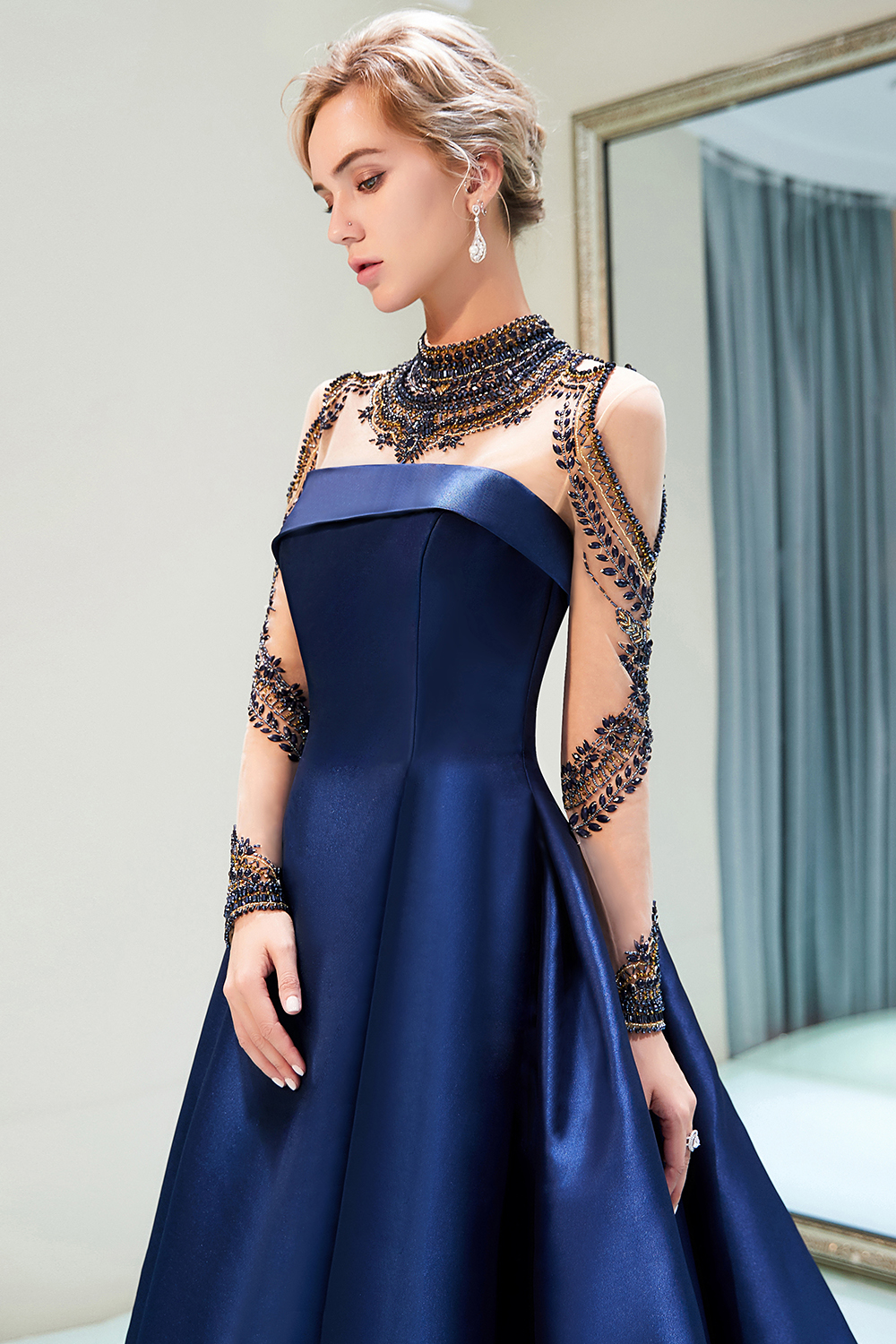 A-line Jewel Neck Long Sleeves Chapel Train Stretch Satin Evening Gown With Beading 5