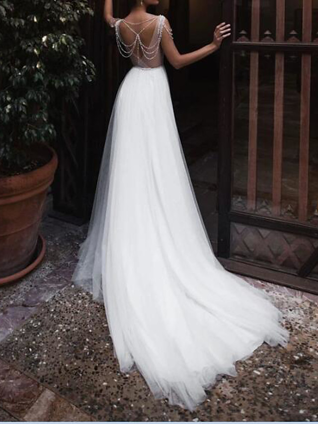 A-line Sleeveless Court Train Tulle Wedding Gown With Buttons 2