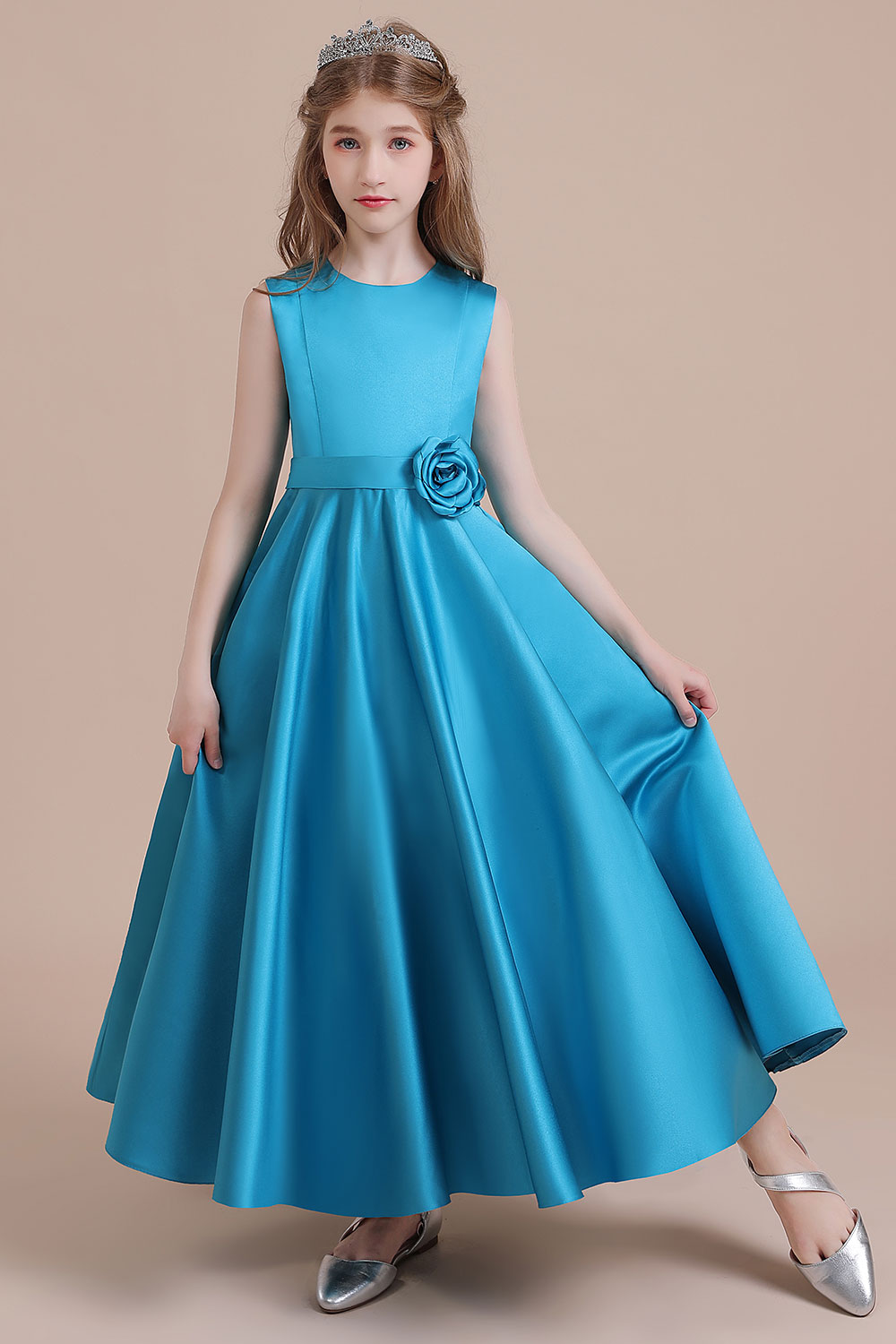 A-line Jewel Neck Sleeveless Ankle-length Satin Flower Girl Dress With Flower(s) 6