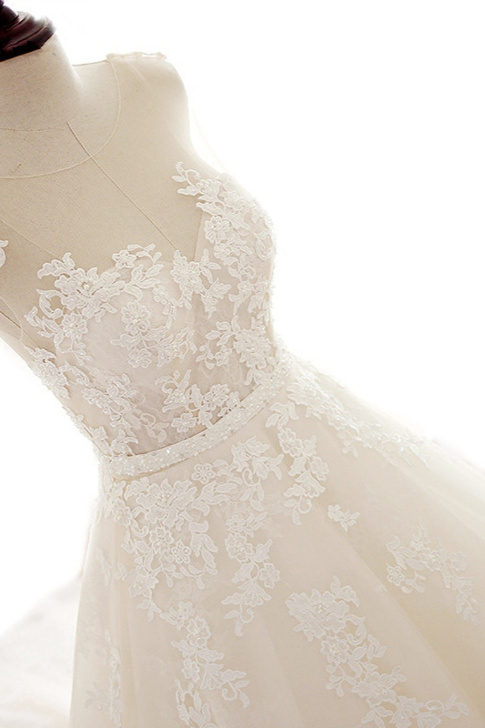 A-line Jewel Neck Sleeveless Floor-length Tulle Bridal Dress With Appliques 5