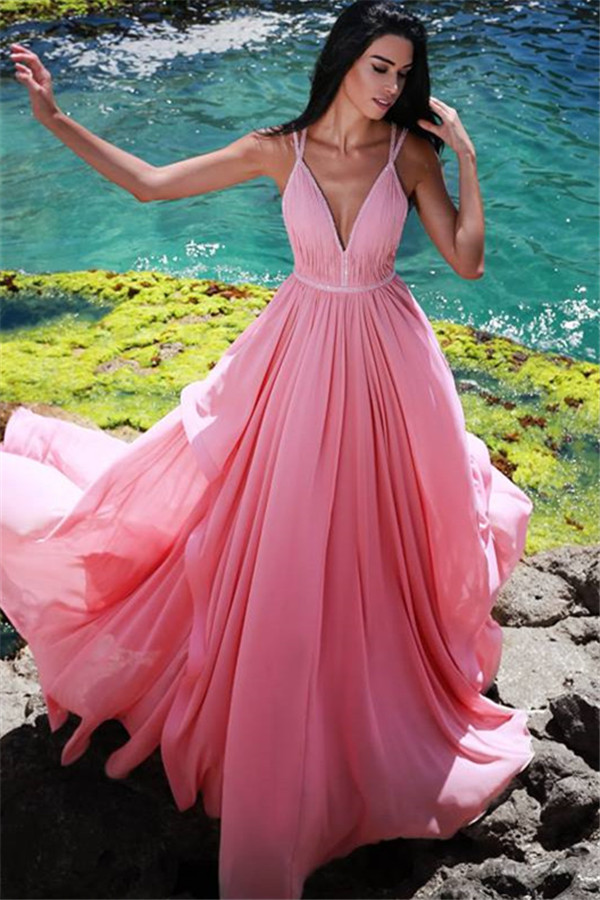 A-line V-neck Sleeveless Floor-length 100D Chiffon Formal Dress With Ruffles 1