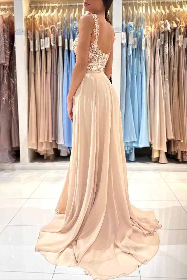 A-line Straps Sleeveless Floor-length 100D Chiffon Evening Dress With Beading 6