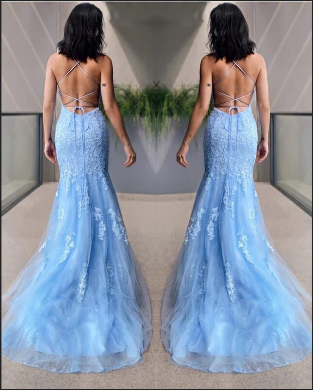 Mermaid Spaghetti Straps Sleeveless Sweep / Brush Train Tulle Formal Dress With Lace 3