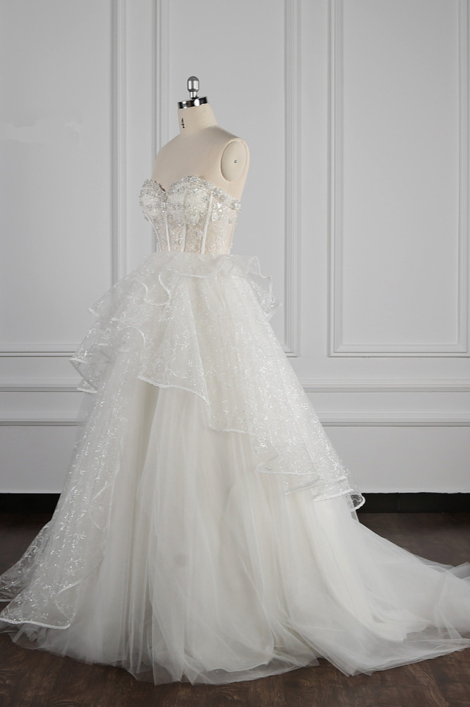 Ball Gown Strapless Sweetheart Neck Sleeveless Floor-length Tulle Wedding Dress With Lace 3