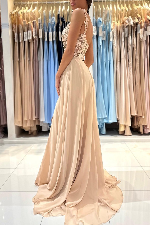 A-line Straps Sleeveless Floor-length 100D Chiffon Evening Dress With Beading 4