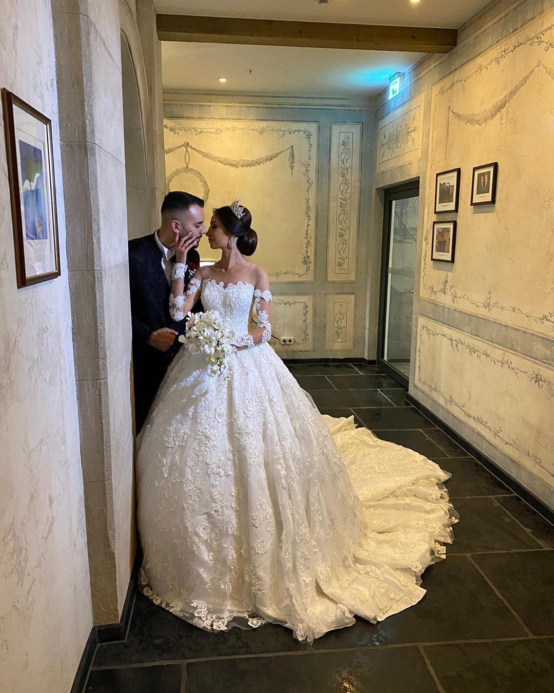 Off-the-shoulder Long Sleeves Court Train Lace Bridal Gown With Lace 2