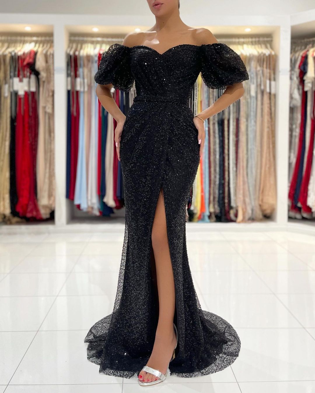 Mermaid Off-the-shoulder Short Sleeves Floor-length Evening Gown With Sequins 5