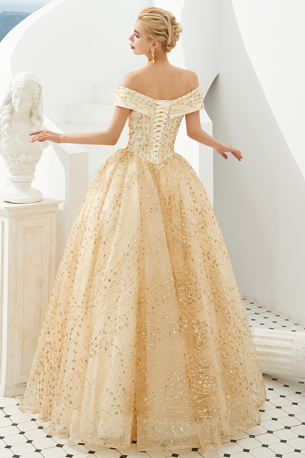 Off-the-shoulder Cap Sleeves Sweep / Brush Train Tulle Formal Wear With Sequins 2