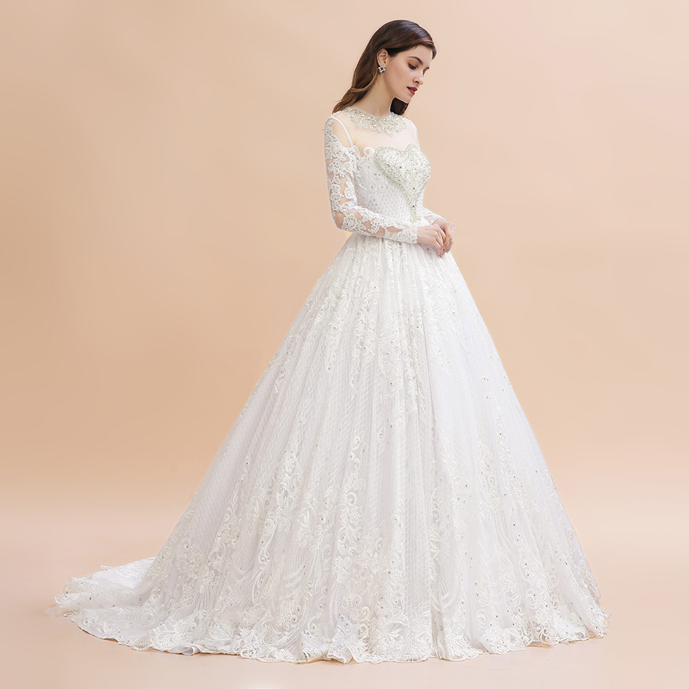 A-line Jewel Neck Long Sleeves Court Train Tulle Wedding Gown With Beading 9