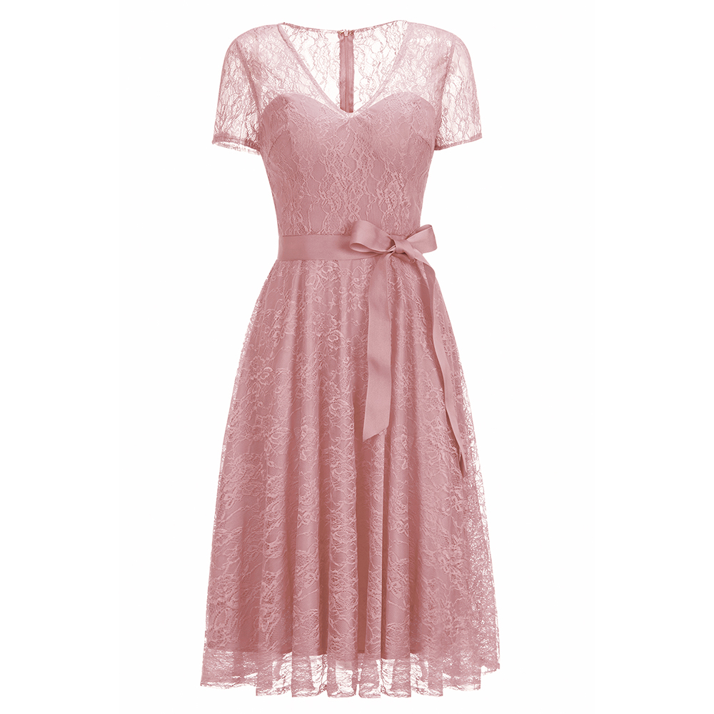 A-line V-neck Short Sleeves Mini Lace Bridesmaid Attire With Ribbons 5