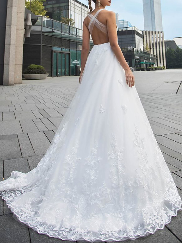 A-line V-neck Sleeveless Sweep / Brush Train Lace Wedding Gown With Lace 2