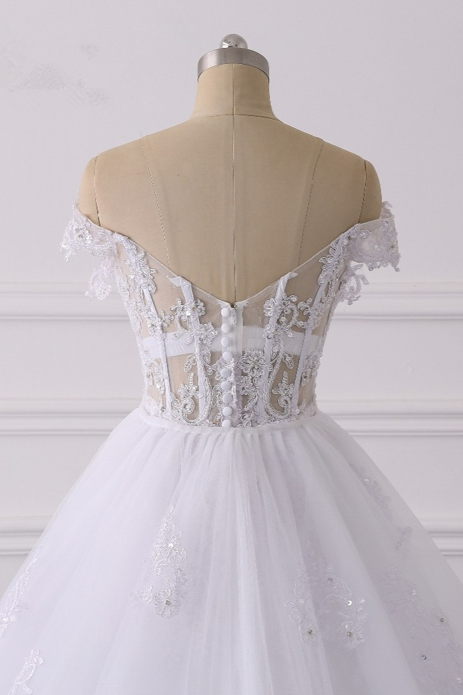 A-line Off-the-shoulder Sweetheart Neck Short Sleeves Floor-length Tulle Wedding Gown With Appliques 7