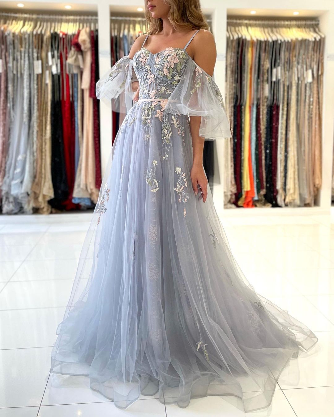 A-line Spaghetti Straps Sleeveless Floor-length Tulle Evening Dress With Lace 3