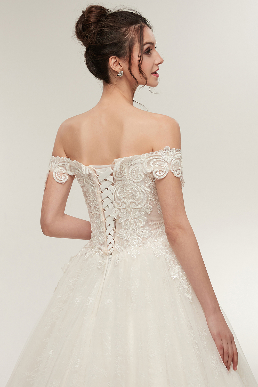 Off-the-shoulder Cap Sleeves Floor-length Lace Wedding Dress With Lace 6