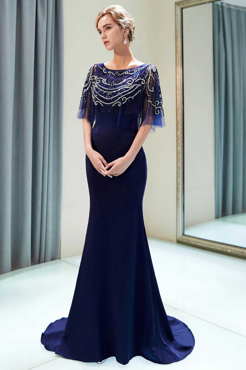 Mermaid Jewel Neck Sleeveless Court Train Stretch Satin Evening Dress With Beading 7