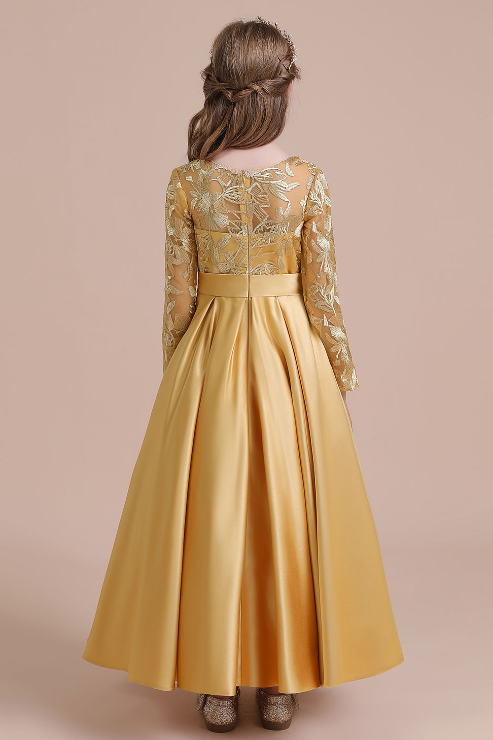 A-line Jewel Neck Long Sleeves Ankle-length Satin Flower Girl Dress With Embroidery 2